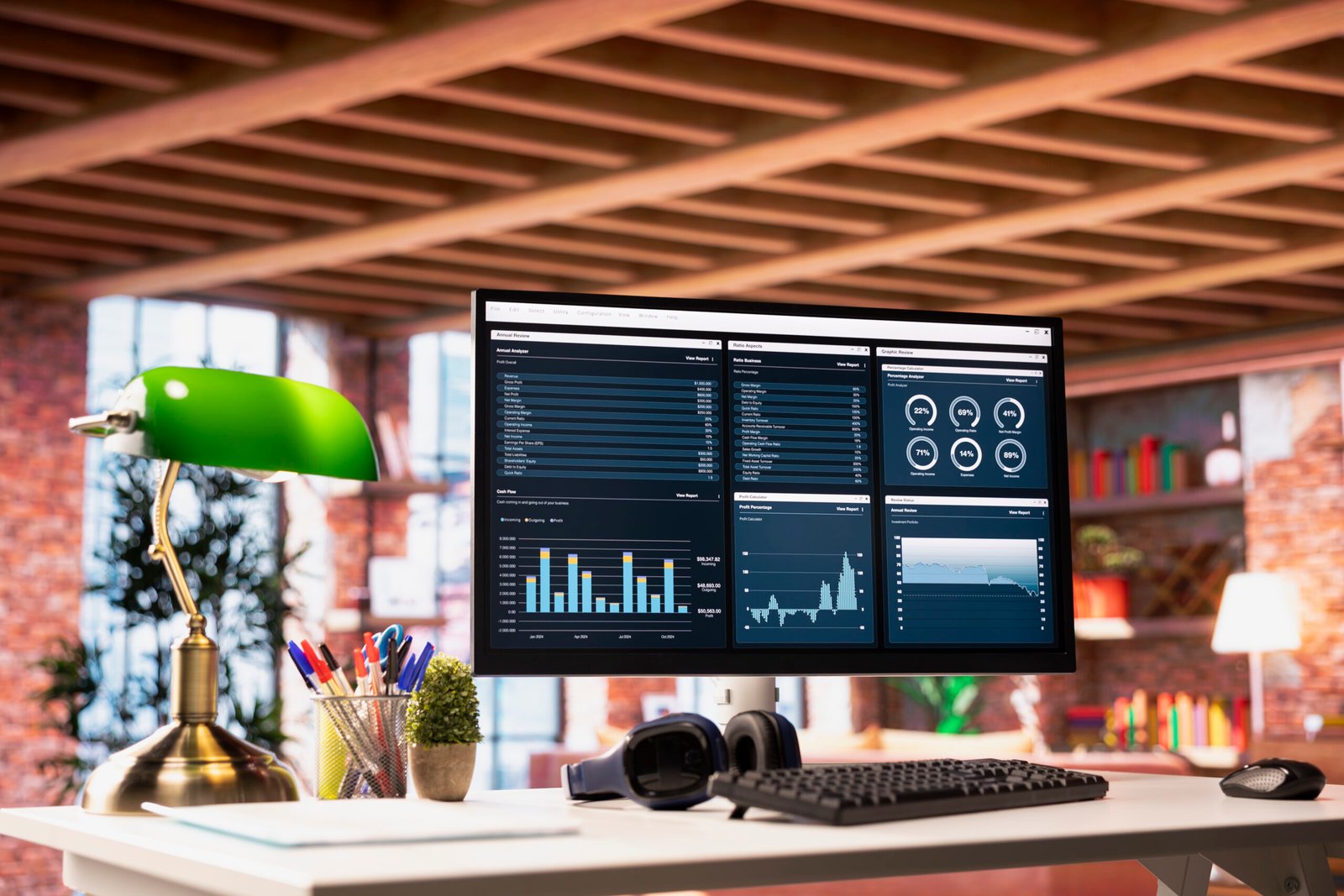 financial software ui on pc screen on apartment office desk