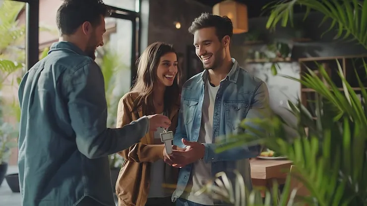 man woman are talking restaurant