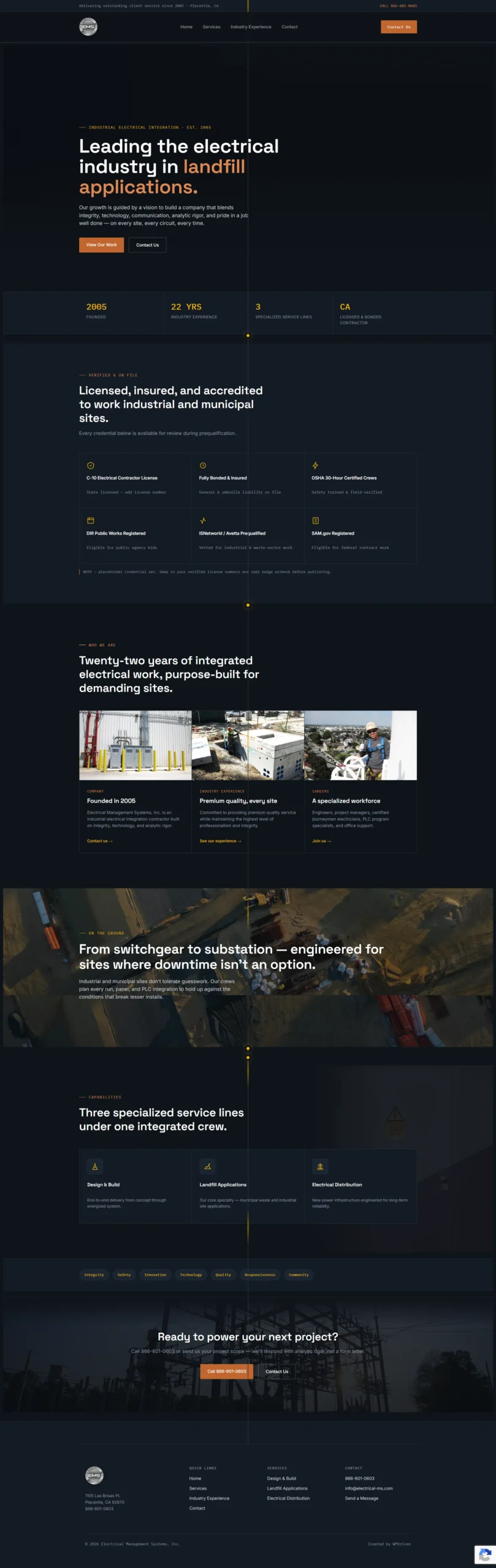 EMS Electrical WordPress website for the landfill industry